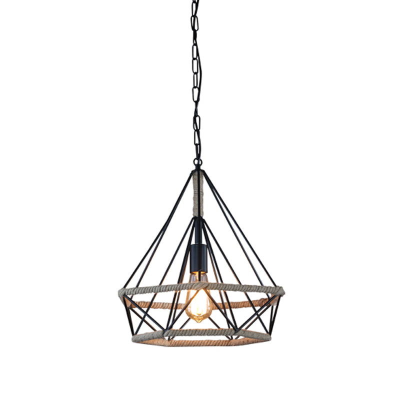 Rural Flared/Birdcage/Basket Pendant Lamp Single-Bulb Natural Rope Hanging Light Fixture in Black and Brown