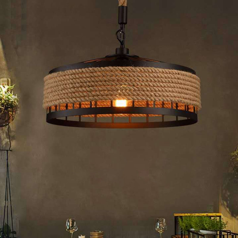 12"/16"/19.5" W 1 Bulb Pendulum Light Lodge Sushi House Drop Pendant with Barn Roped Cage in Brown