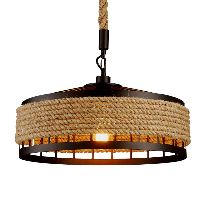 12"/16"/19.5" W 1 Bulb Pendulum Light Lodge Sushi House Drop Pendant with Barn Roped Cage in Brown