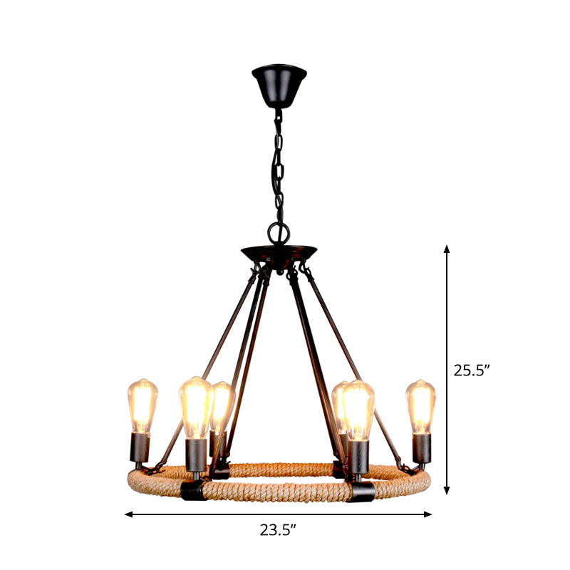 Factory 1/2-Layer Circle Hanging Light 6/8/14 Bulbs Rope Wrapped Chandelier Pendant in Black and Brown