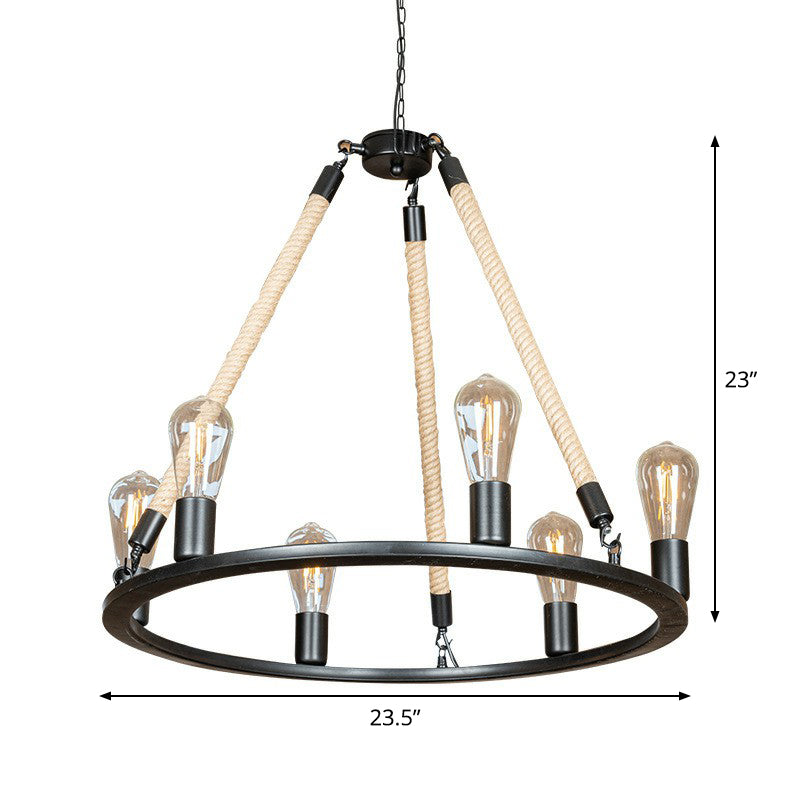 6-Head Bare Bulb Design Wheel Chandelier Loft Style Black Iron Hanging Lamp with Rope Cord