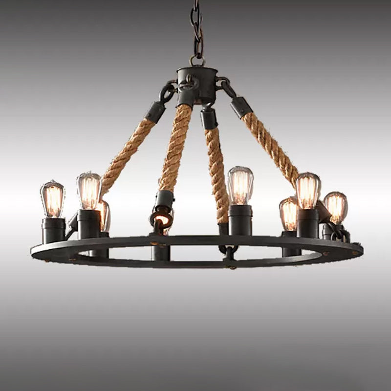 Black Wagon Wheel Chandelier Pendant Corche de chanvre industriel 6/8 LIGNES SALON PLAFIC LAMP LAMP