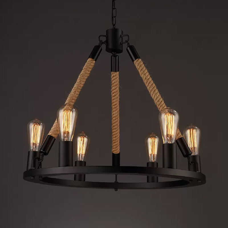 Black Wagon Wheel Chandelier Pendant Industrial Hemp Rope 6/8 Lights Living Room Ceiling Hang Lamp