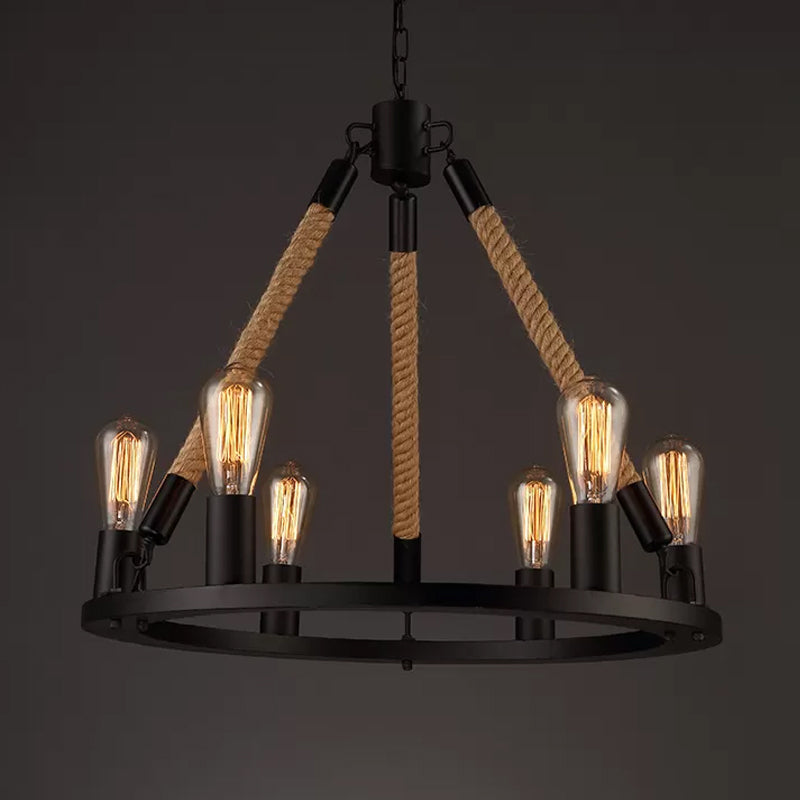 Schwarzer Wagenrad Kronleuchter Anhänger Industrial Hanf Seil 6/8 Lichter Wohnzimmer Deckenhänge Lampe