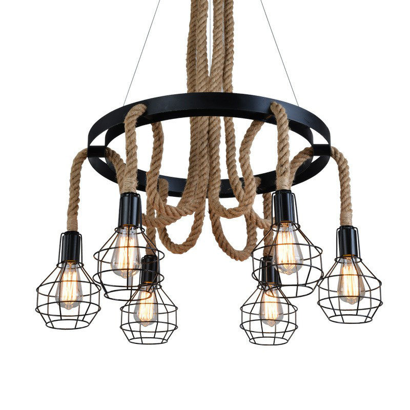 6 ampoules Plafond lustre rustique Circulaire Pendante en fer avec corde de chanvre et cage en brun pour le restaurant