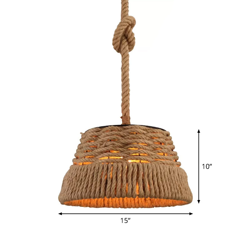 Hand-Weaving Rope Tapered Pendant Rustic 1 Bulb Country Club Ceiling Hang Light in Brown