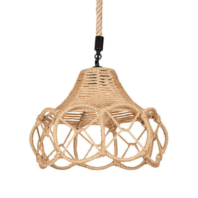 Brown Single-Bulb Pendant Light Fixture Lodge Hemp Rope Hand-Knit Floral Hanging Ceiling Light