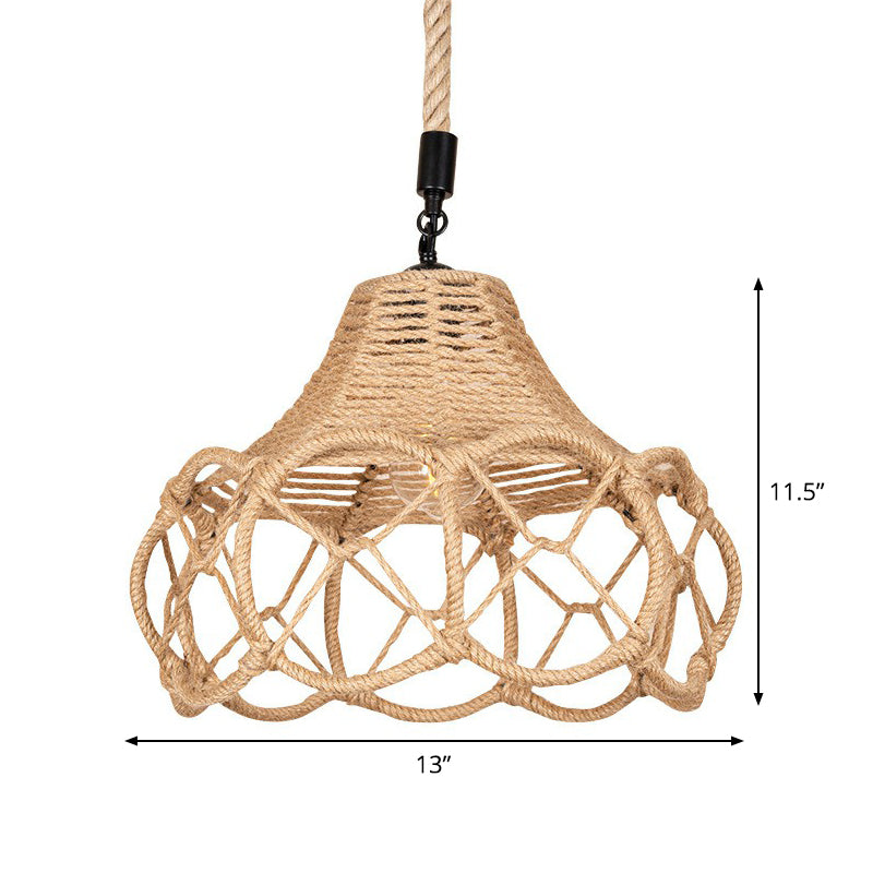 Brown Single-Bulb Pendant Light Fixture Lodge Hemp Rope Hand-Knit Floral Hanging Ceiling Light