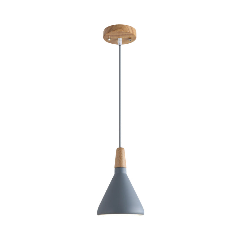 Grey/Pink/Green Cone Hanging Lamp Macaron 1 Bulb Aluminum Ceiling Pendant with Wood Top for Dining Room