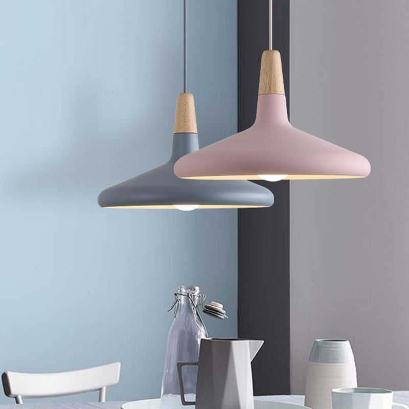 Grey/Pink/Green Cone Hanging Lamp Macaron 1 Bulb Aluminum Ceiling Pendant with Wood Top for Dining Room