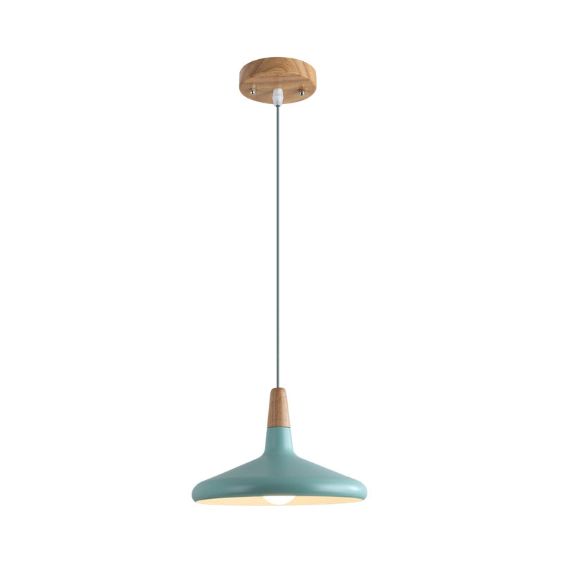 Grey/Pink/Green Cone Hanging Lamp Macaron 1 Bulb Aluminum Ceiling Pendant with Wood Top for Dining Room