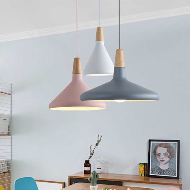 Grey/Pink/Green Cone Hanging Lamp Macaron 1 Bulb Aluminum Ceiling Pendant with Wood Top for Dining Room