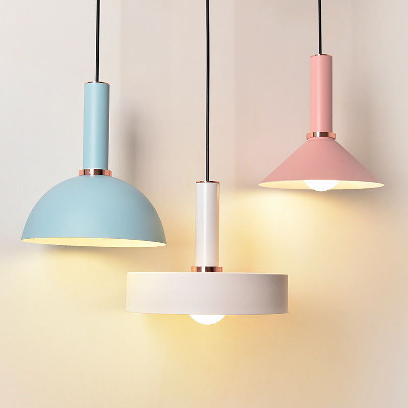 Aluminum Dome/Cone Drop Pendant Macaron 1-Light Pink/Blue Pendulum Light with Grip for Restaurant