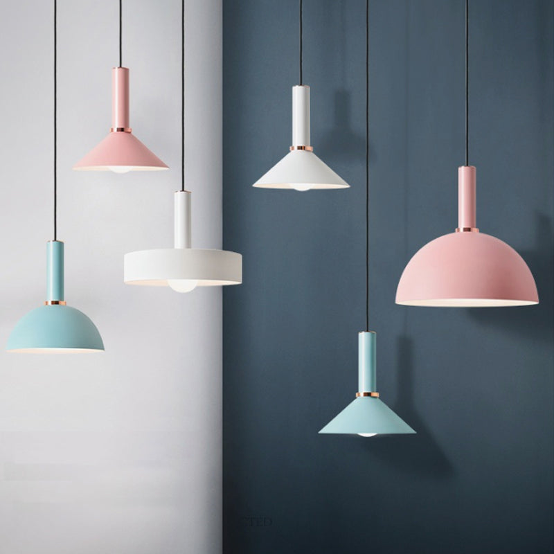 Aluminum Dome/Cone Drop Pendant Macaron 1-Light Pink/Blue Pendulum Light with Grip for Restaurant