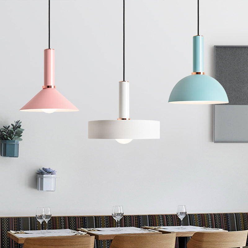 Aluminum Dome/Cone Drop Pendant Macaron 1-Light Pink/Blue Pendulum Light with Grip for Restaurant