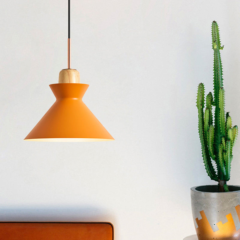 Macaron 1-Light Pendant Lamp Pink/White/Black Cone/Bowl/Bell Hanging Ceiling Light with Iron Shade and Wood Cork