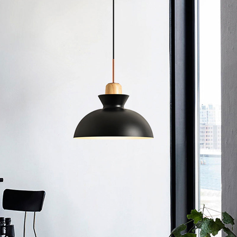 Macaron 1-Light Pendant Lamp Pink/White/Black Cone/Bowl/Bell Hanging Ceiling Light with Iron Shade and Wood Cork