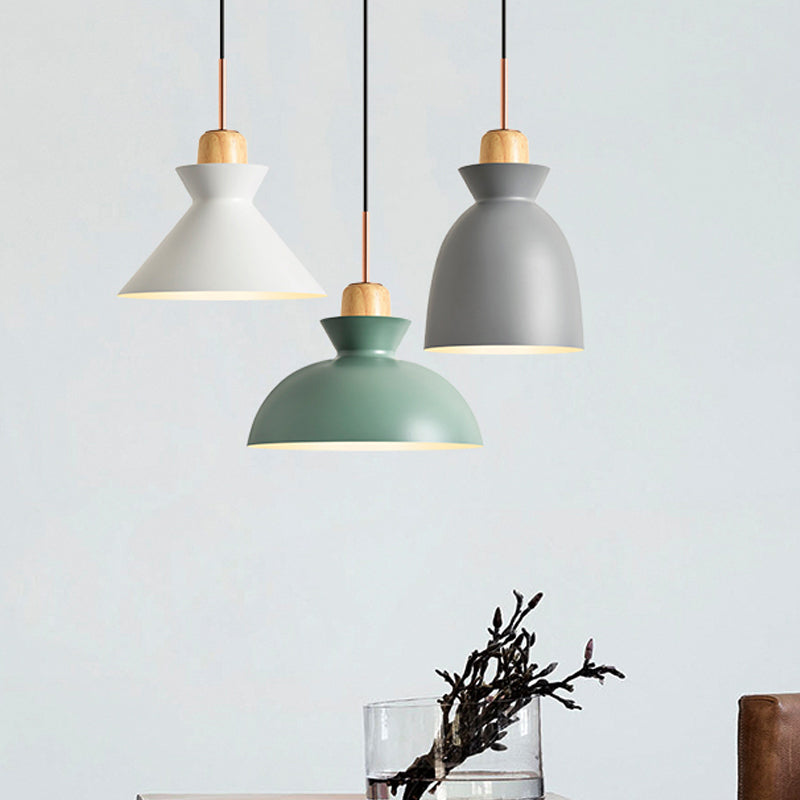 Macaron 1-Light Pendant Lamp Pink/White/Black Cone/Bowl/Bell Hanging Ceiling Light with Iron Shade and Wood Cork