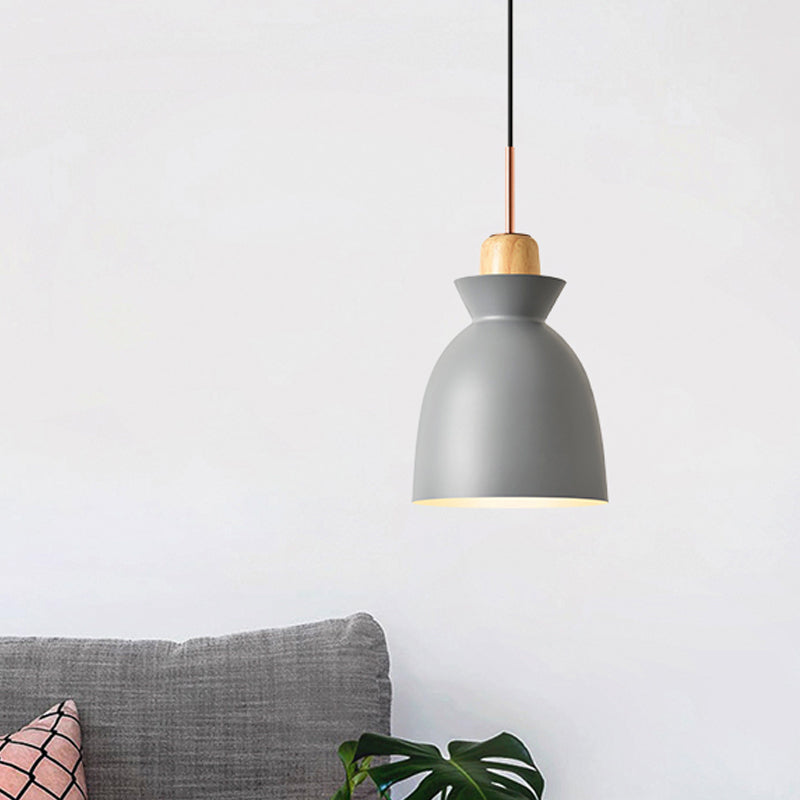 Macaron 1-Light Pendant Lamp Pink/White/Black Cone/Bowl/Bell Hanging Ceiling Light with Iron Shade and Wood Cork