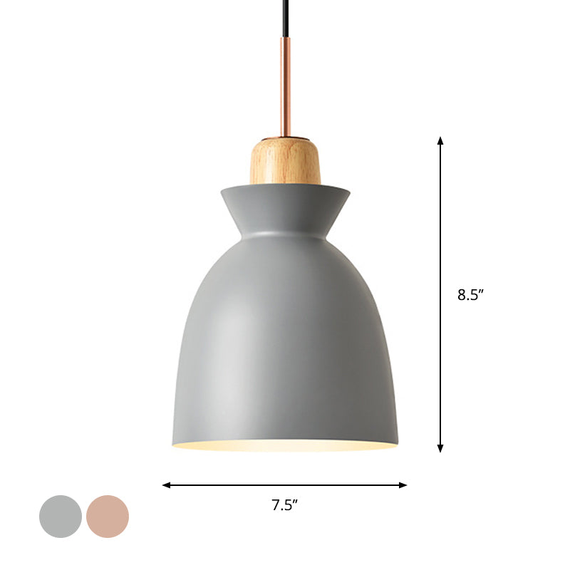 Macaron 1-Light Pendant Lamp Pink/White/Black Cone/Bowl/Bell Hanging Ceiling Light with Iron Shade and Wood Cork