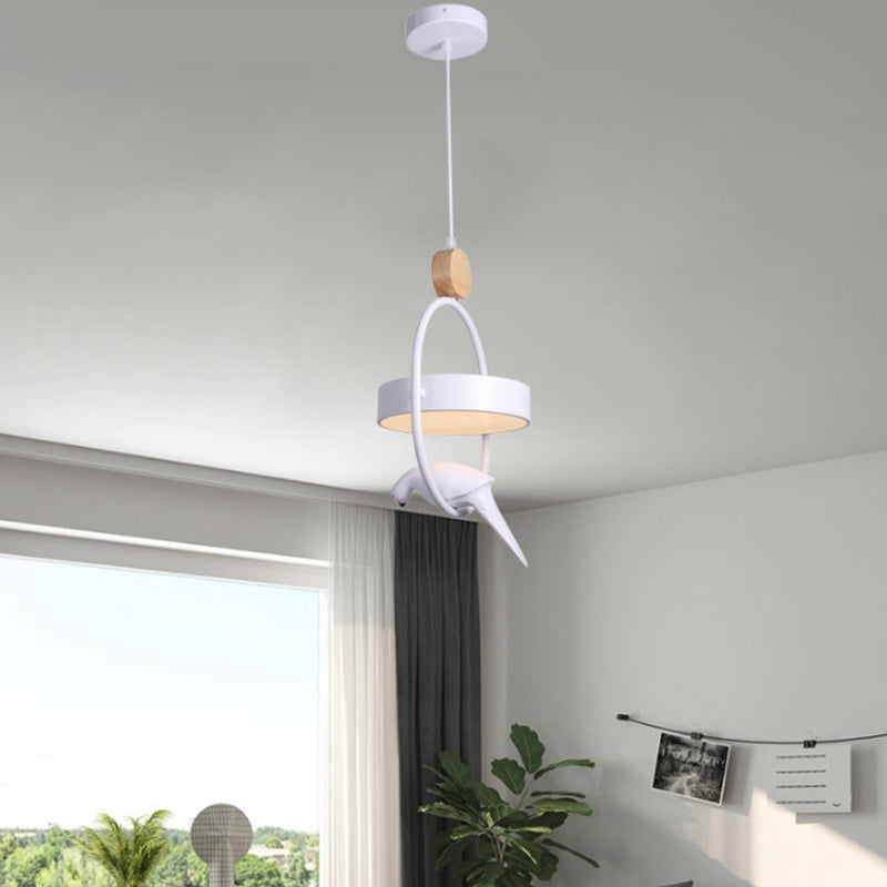 Nordic Style Ellipse Hanging Lamp Metal Single Bedside Down Lighting with Bird Decor and Round Shade in White/Grey/Green