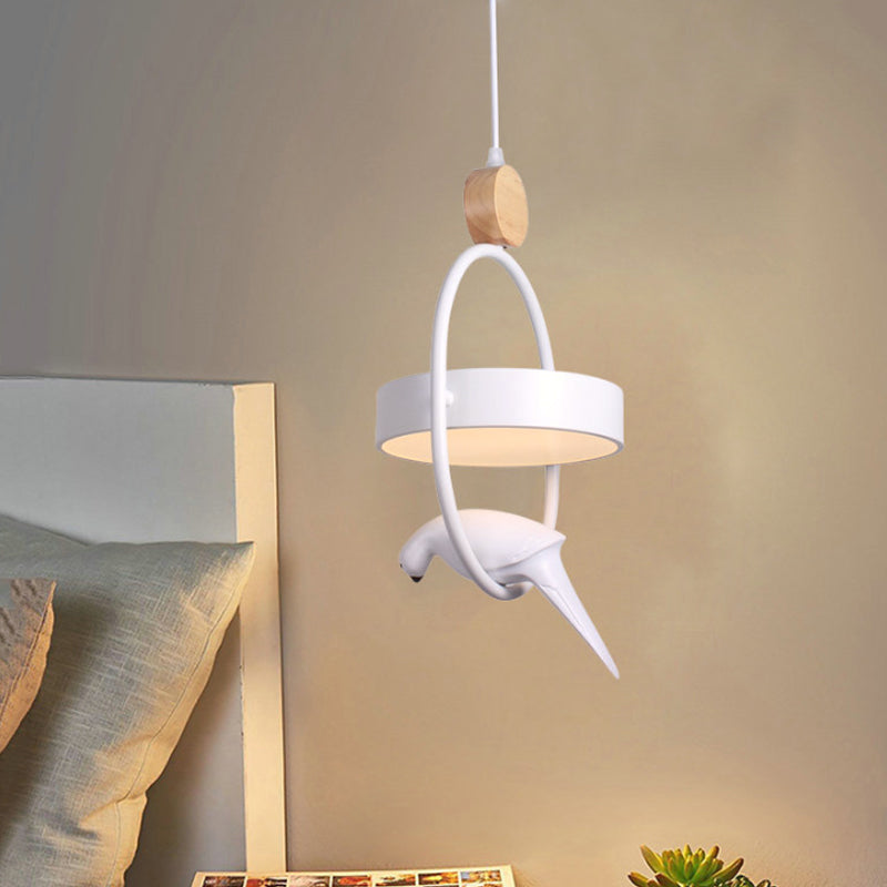 Nordic Style Ellipse Hanging Lamp Metal Single Bedside Down Lighting with Bird Decor and Round Shade in White/Grey/Green