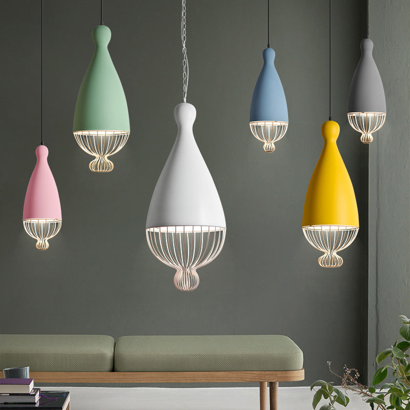 Inverted Balloon Aluminum Pendant Light Macaron 1 Head Grey/Pink/Blue Suspension Lighting with Wire Cage