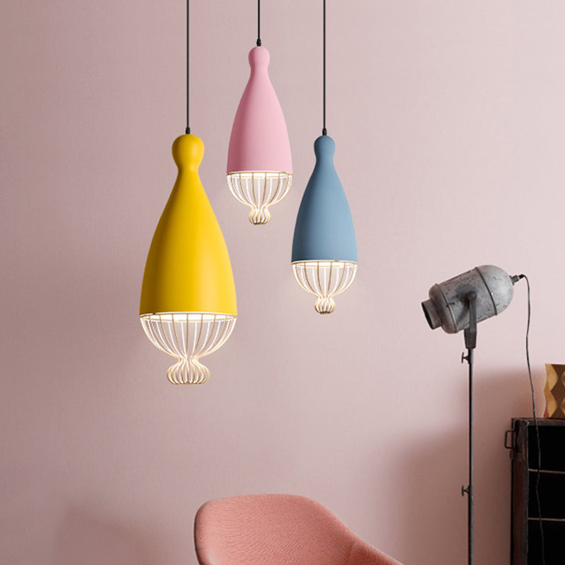 Inverted Balloon Aluminum Pendant Light Macaron 1 Head Grey/Pink/Blue Suspension Lighting with Wire Cage