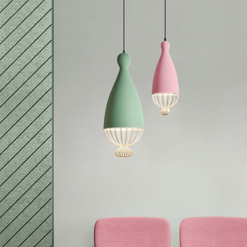 Inverted Balloon Aluminum Pendant Light Macaron 1 Head Grey/Pink/Blue Suspension Lighting with Wire Cage