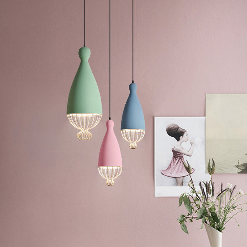 Inverted Balloon Aluminum Pendant Light Macaron 1 Head Grey/Pink/Blue Suspension Lighting with Wire Cage