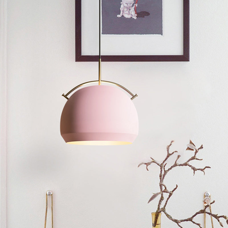 Aluminum Dome/Bell Drop Lamp Macaron 1 Bulb Hanging Pendant Light in Yellow/Pink/Blue with Curved Handle