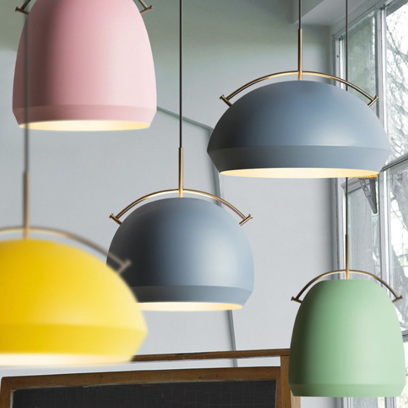 Aluminum Dome/Bell Drop Lamp Macaron 1 Bulb Hanging Pendant Light in Yellow/Pink/Blue with Curved Handle