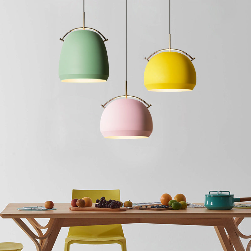 Aluminum Dome/Bell Drop Lamp Macaron 1 Bulb Hanging Pendant Light in Yellow/Pink/Blue with Curved Handle