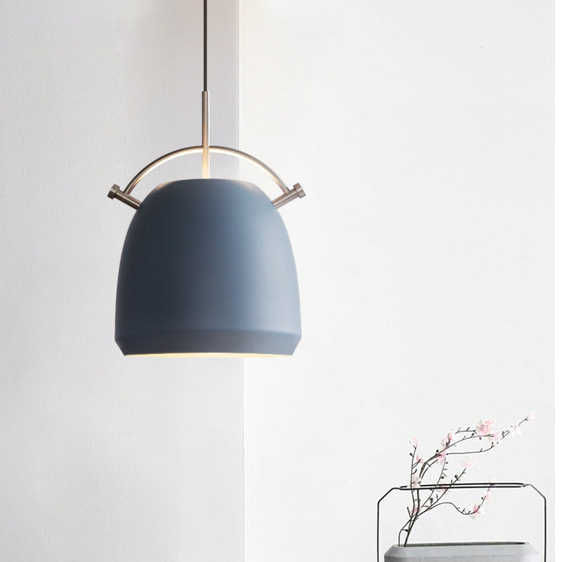 Aluminum Dome/Bell Drop Lamp Macaron 1 Bulb Hanging Pendant Light in Yellow/Pink/Blue with Curved Handle