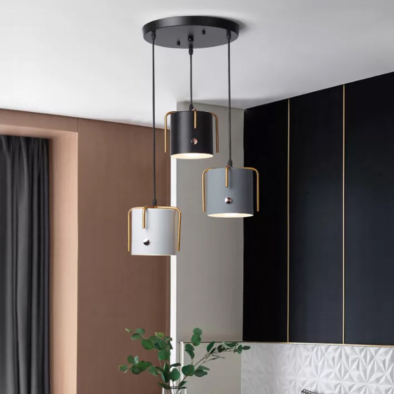 Cylinder/Bottle/Bell Hanging Lamp Kit Nordic Metal 3-Head Dining Room Suspension Pendant in Black