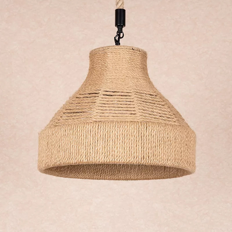 Hand-Wrapped Rope Bell Hanging Lamp Farmhouse 1 Bulb Restaurant Suspended Lighting Fixture in Brown