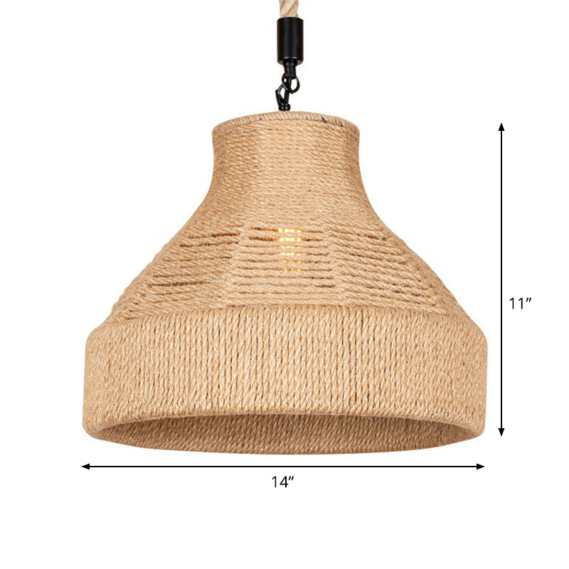 Hand-Wrapped Rope Bell Hanging Lamp Farmhouse 1 Bulb Restaurant Suspended Lighting Fixture in Brown