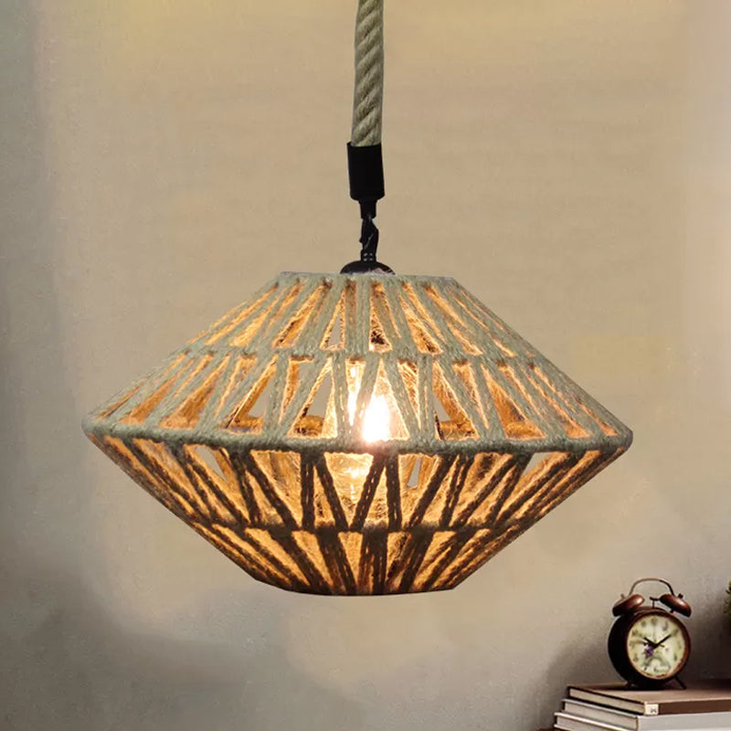 1 Light Flying Saucer Hollowed Pendant Rustic Brown Jute Rope Ceiling Suspension Lamp