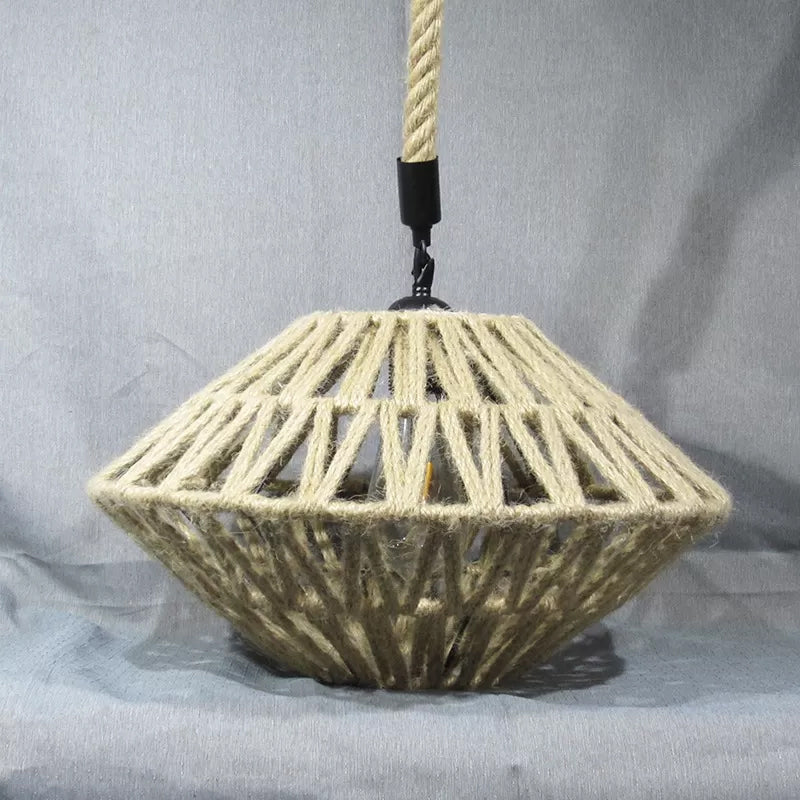 1 Light Flying Saucer Hollowed Pendant Rustic Brown Jute Rope Ceiling Suspension Lamp