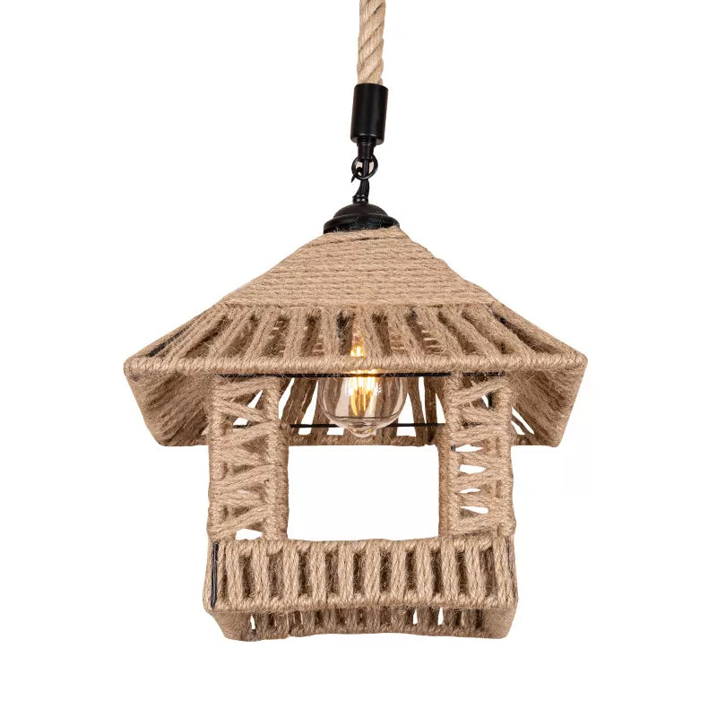 Brown Pavilion Hanging Pendant Country Hand-Woven Rope Single Restaurant Suspension Lighting