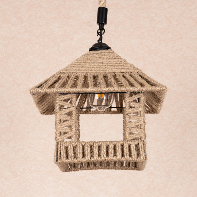 Brown Pavilion Hanging Pendant Country Hand-Woven Rope Single Restaurant Suspension Lighting