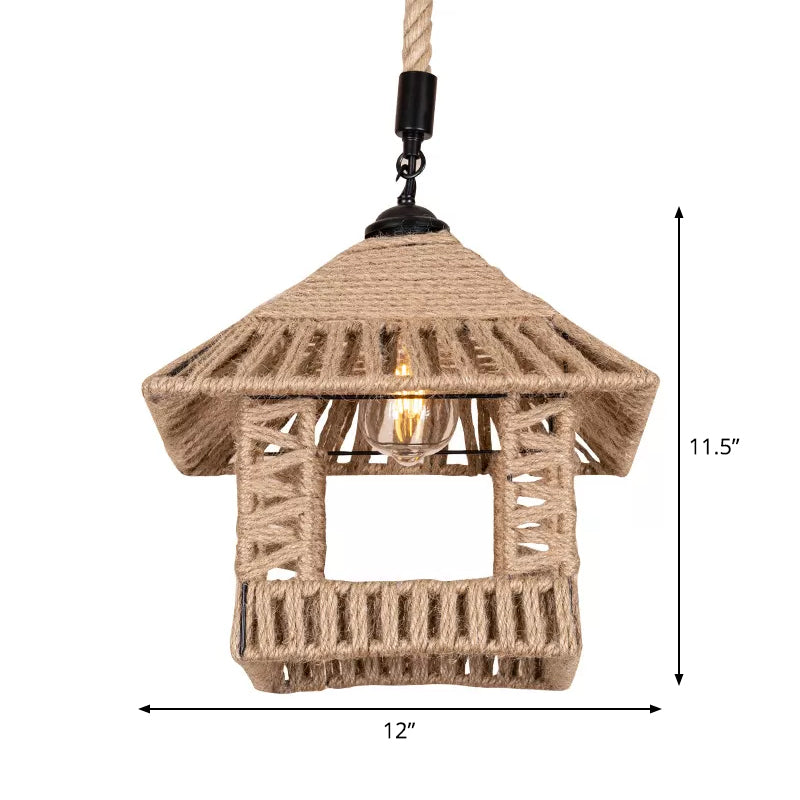 Brown Pavilion Hanging Pendant Country Hand-Woven Rope Single Restaurant Suspension Lighting