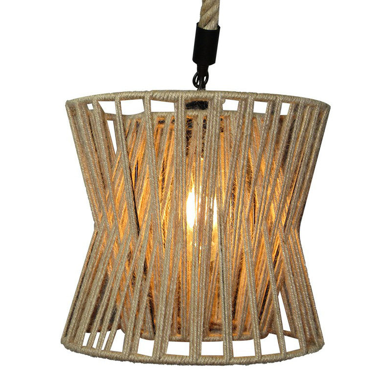 Roped Hourglass-Shape Drop Pendant Farmhouse 1 Bulb Restaurant Ceiling Hang Light in Brown