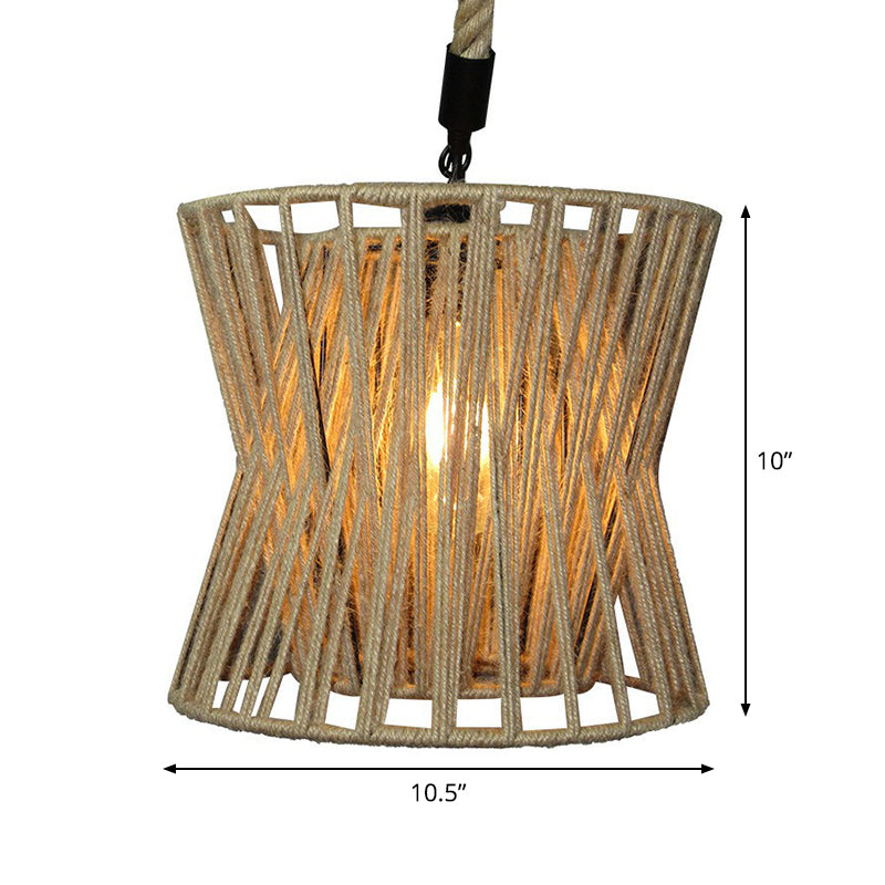 Roped Hourglass-Shape Drop Pendant Farmhouse 1 Bulb Restaurant Ceiling Hang Light in Brown