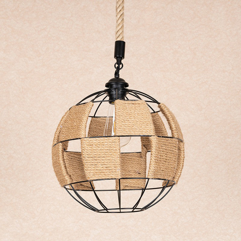 Single Hemp Rope Pendant Lamp Cottage Style Brown Globe Aisle Hanging Ceiling Light