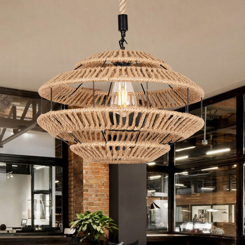 Hemp Roped Brown Ceiling Light Basket 1-Light Rustic Suspension Pendant for Dining Room