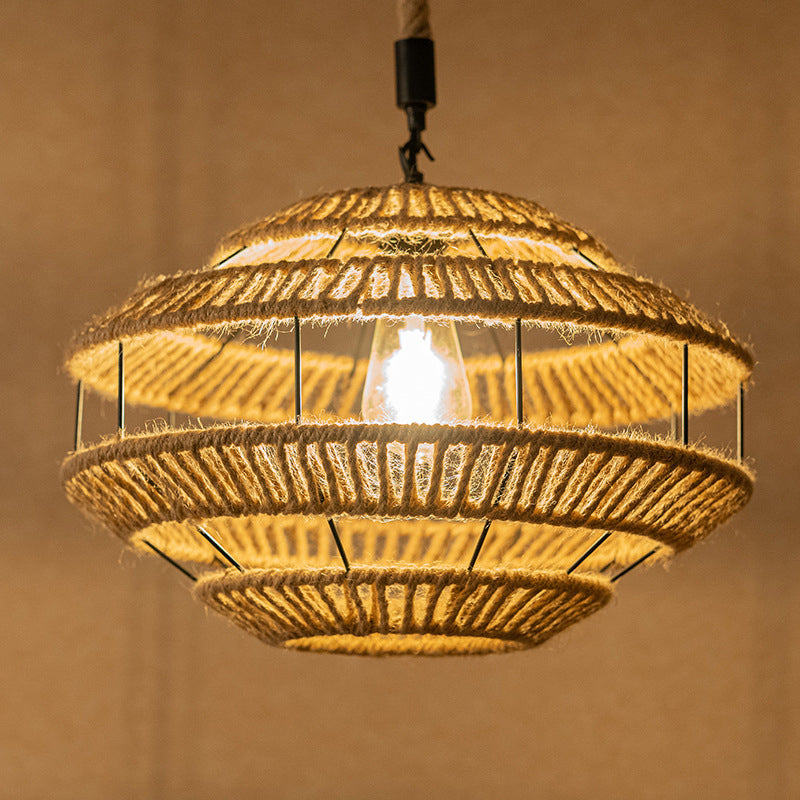 Hemp Roped Brown Ceiling Light Basket 1-Light Rustic Suspension Pendant for Dining Room