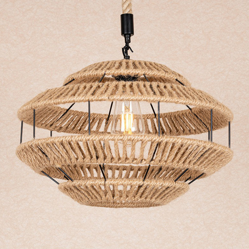 Hemp Roped Brown Ceiling Light Basket 1-Light Rustic Suspension Pendant for Dining Room