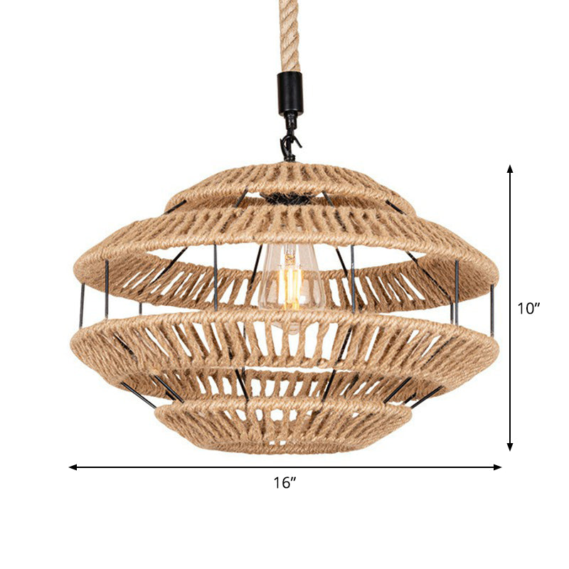 Panier de plafond brun à corde chanvre 1-Light Suspension rustique Pendentif pour salle à manger