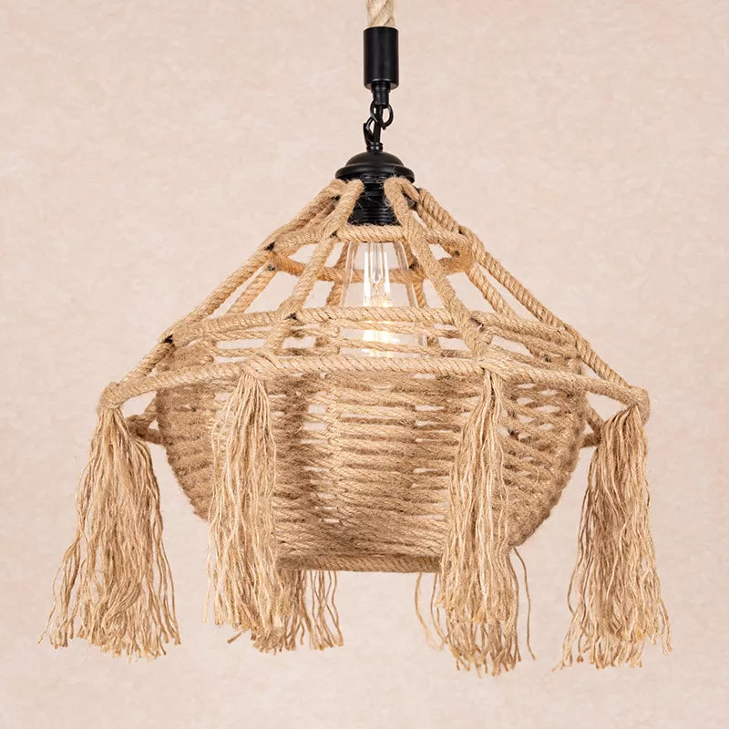 Brown Droplet Shaped Hanging Pendant Countryside Rope 1 Head Restaurant Ceiling Light with Tassel